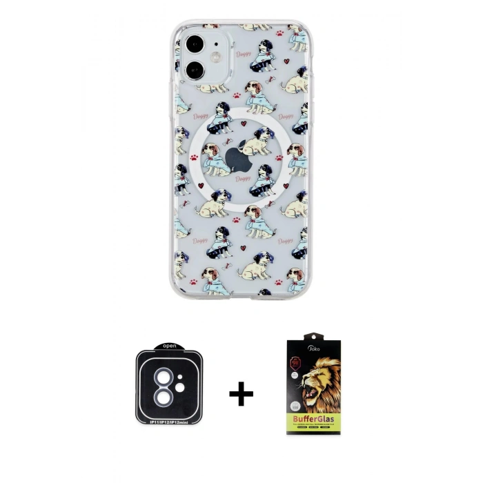 MARSİLYAN™- iPhone 11 Kılıf Pusula Form - Siyah Buffer Cam Ekran Koruyucu + PVD Metal Kamera Lens - MI