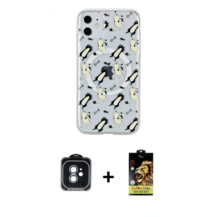 MARSİLYAN™- iPhone 11 Kılıf Pusula Form - Siyah Buffer Cam Ekran Koruyucu + PVD Metal Kamera Lens - MI