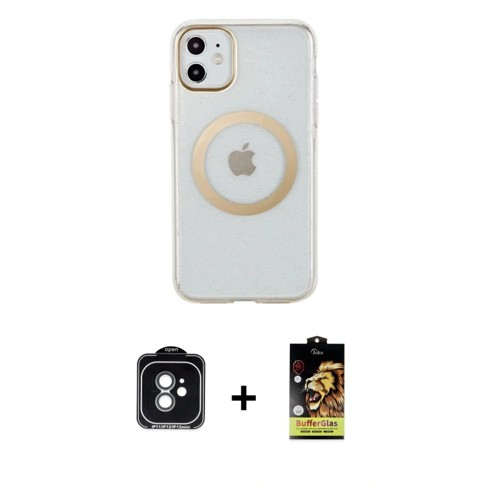 MARSİLYAN™- iPhone 11 Kılıf Pusula Form - Siyah Buffer Cam Ekran Koruyucu + PVD Metal Kamera Lens - YL