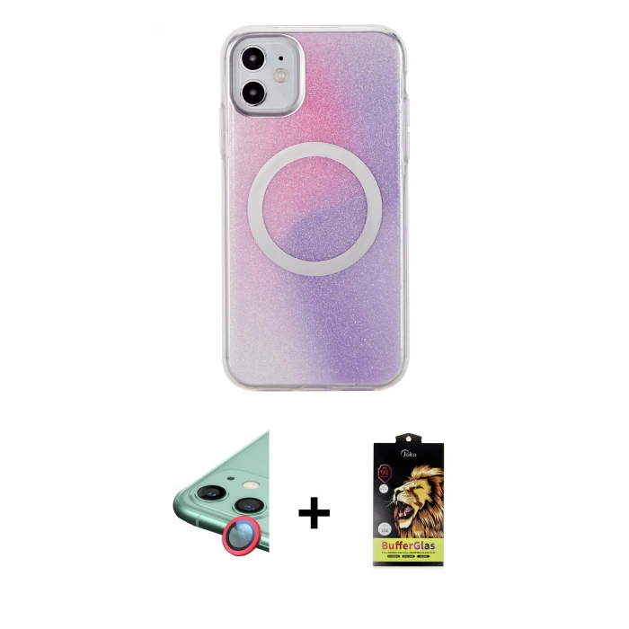 MARSİLYAN™- iPhone 11 Kılıf Pusula Form - Siyah Buffer Cam Ekran Koruyucu + Raze Metal Kamera Lens - KI