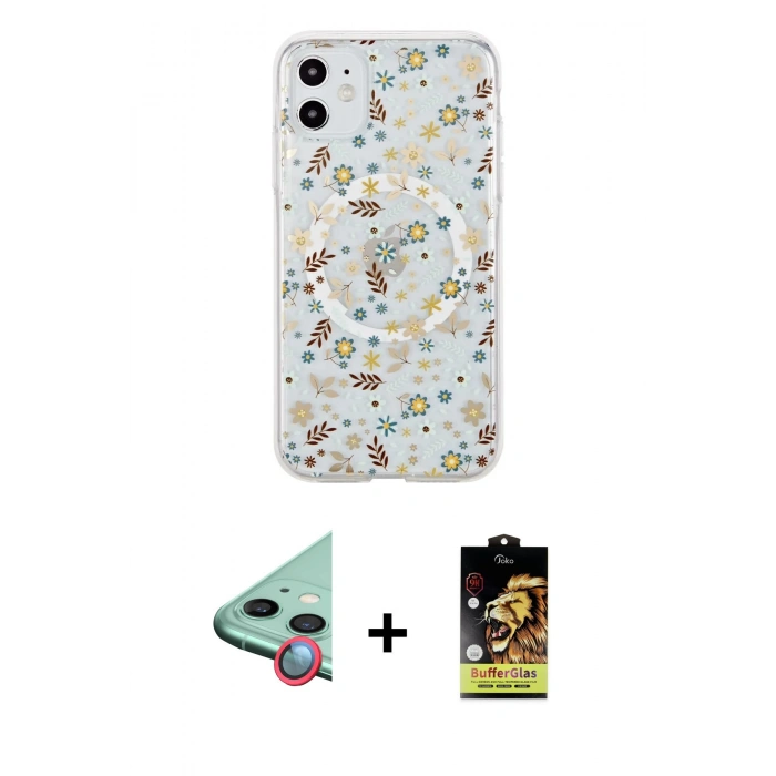 MARSİLYAN™- iPhone 11 Kılıf Pusula Form - Siyah Buffer Cam Ekran Koruyucu + Raze Metal Kamera Lens - KI