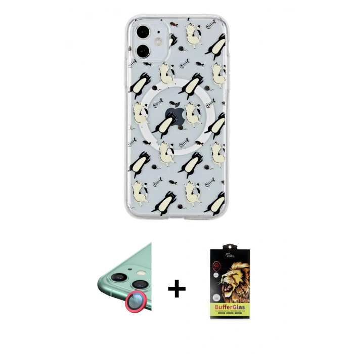 MARSİLYAN™- iPhone 11 Kılıf Pusula Form - Siyah Buffer Cam Ekran Koruyucu + Raze Metal Kamera Lens - KI