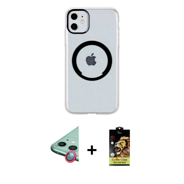 MARSİLYAN™- iPhone 11 Kılıf Pusula Form - Siyah Buffer Cam Ekran Koruyucu + Raze Metal Kamera Lens - KI