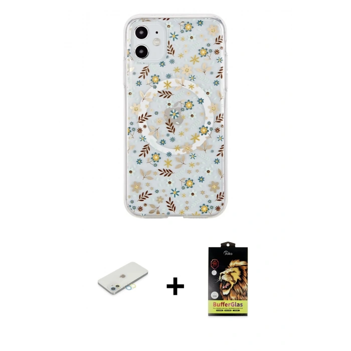 MARSİLYAN™- iPhone 11 Kılıf Pusula Form - Siyah Buffer Cam Ekran Koruyucu + Renkli Kamera Lens Koruma Cam - SI
