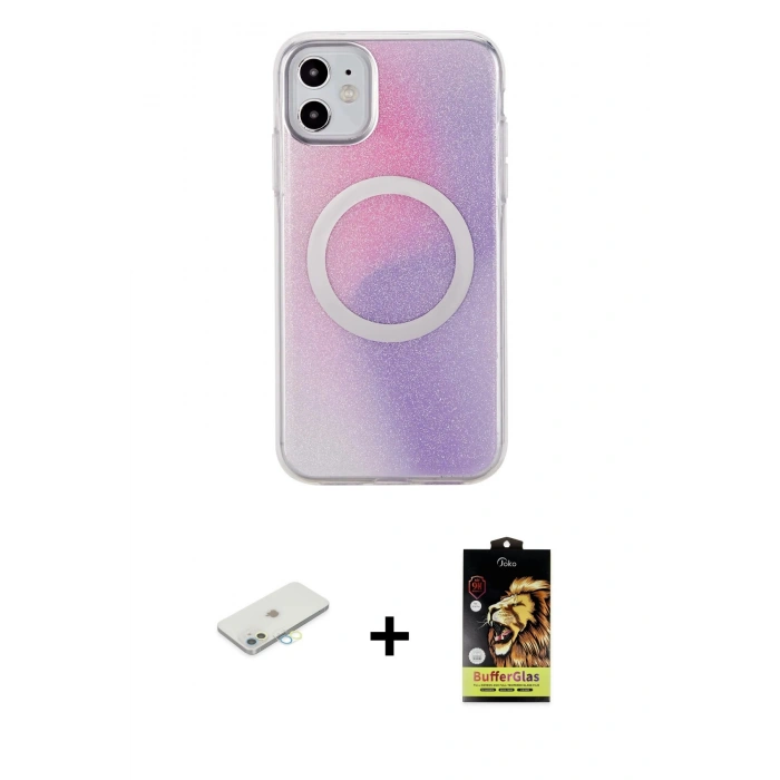 MARSİLYAN™- iPhone 11 Kılıf Pusula Form - Siyah Buffer Cam Ekran Koruyucu + Renkli Kamera Lens Koruma Cam - SI