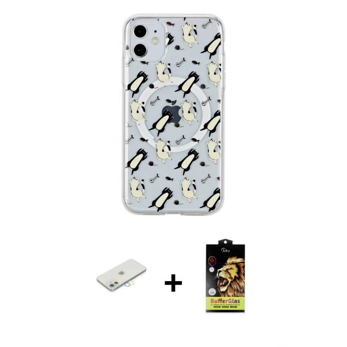 MARSİLYAN™- iPhone 11 Kılıf Pusula Form - Siyah Buffer Cam Ekran Koruyucu + Renkli Kamera Lens Koruma Cam - SI
