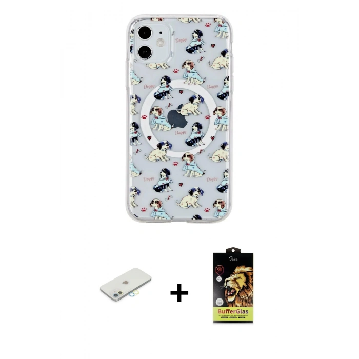 MARSİLYAN™- iPhone 11 Kılıf Pusula Form - Siyah Buffer Cam Ekran Koruyucu + Renkli Kamera Lens Koruma Cam - SI