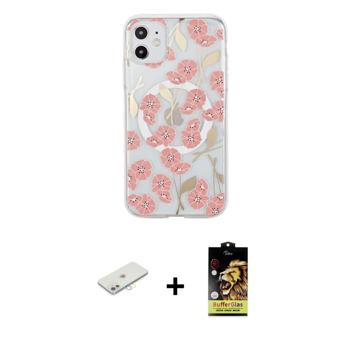 MARSİLYAN™- iPhone 11 Kılıf Pusula Form - Siyah Buffer Cam Ekran Koruyucu + Renkli Kamera Lens Koruma Cam - SI