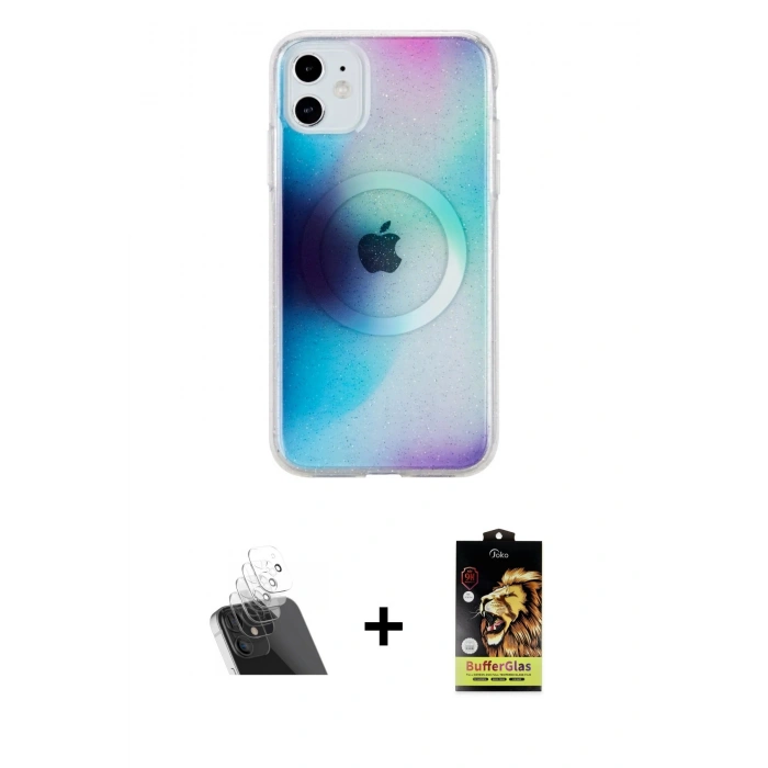MARSİLYAN™- iPhone 11 Kılıf Pusula Form - Siyah Buffer Cam Ekran Koruyucu + Kamera Lens Koruma Cam - SF