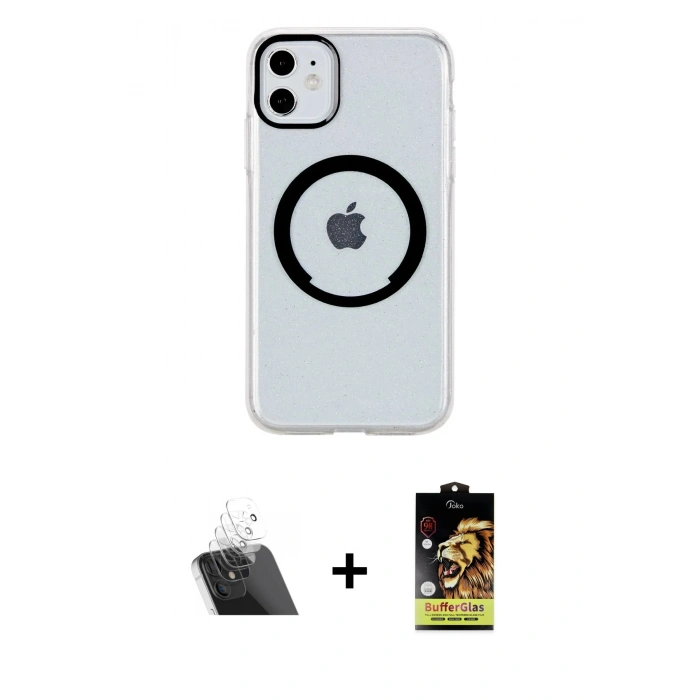 MARSİLYAN™- iPhone 11 Kılıf Pusula Form - Siyah Buffer Cam Ekran Koruyucu + Kamera Lens Koruma Cam - SF
