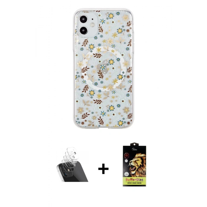 MARSİLYAN™- iPhone 11 Kılıf Pusula Form - Siyah Buffer Cam Ekran Koruyucu + Kamera Lens Koruma Cam - SF