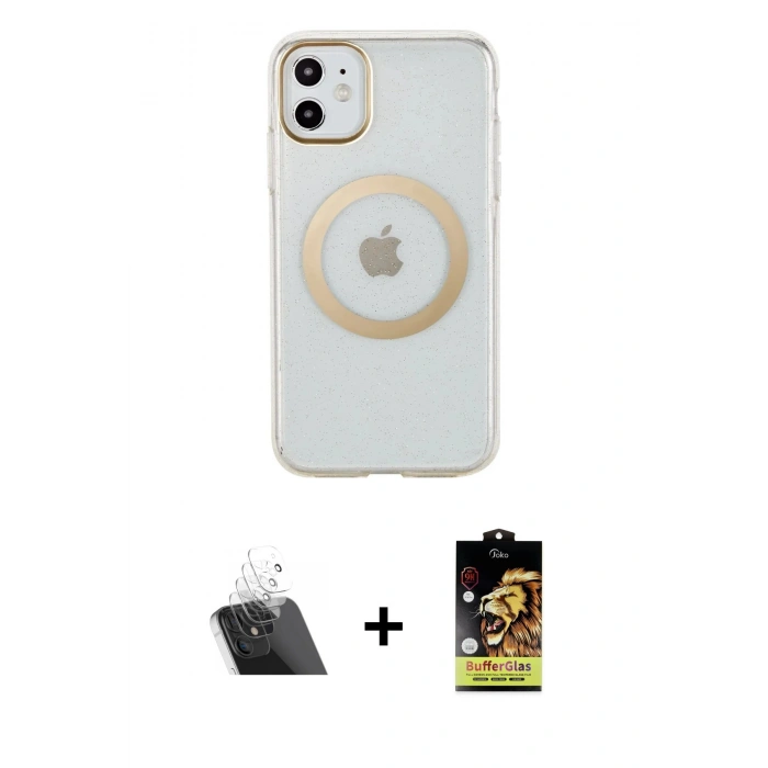 MARSİLYAN™- iPhone 11 Kılıf Pusula Form - Siyah Buffer Cam Ekran Koruyucu + Kamera Lens Koruma Cam - SF
