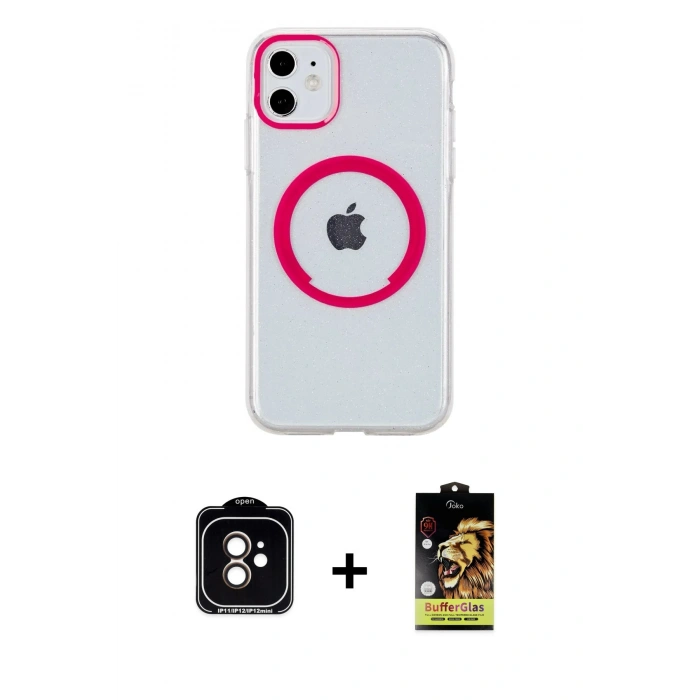 MARSİLYAN™- iPhone 11 Kılıf Pusula Form - Siyah Buffer Cam Ekran Koruyucu + PVD Metal Kamera Lens - TU