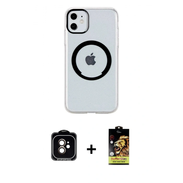 MARSİLYAN™- iPhone 11 Kılıf Pusula Form - Siyah Buffer Cam Ekran Koruyucu + PVD Metal Kamera Lens - TU