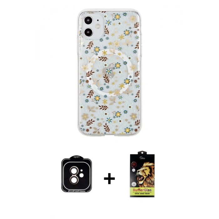 MARSİLYAN™- iPhone 11 Kılıf Pusula Form - Siyah Buffer Cam Ekran Koruyucu + PVD Metal Kamera Lens - TU
