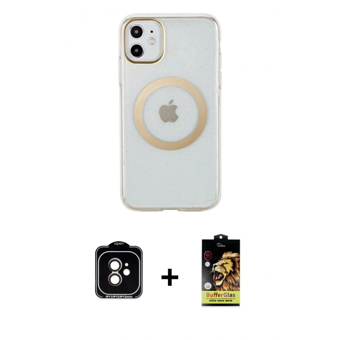 MARSİLYAN™- iPhone 11 Kılıf Pusula Form - Siyah Buffer Cam Ekran Koruyucu + PVD Metal Kamera Lens - TU