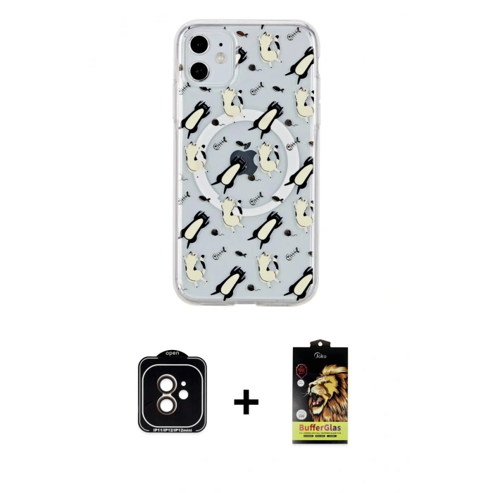 MARSİLYAN™- iPhone 11 Kılıf Pusula Form - Siyah Buffer Cam Ekran Koruyucu + PVD Metal Kamera Lens - TU