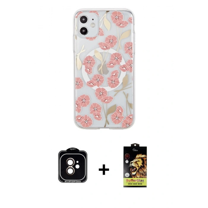 MARSİLYAN™- iPhone 11 Kılıf Pusula Form - Siyah Buffer Cam Ekran Koruyucu + PVD Metal Kamera Lens - TU