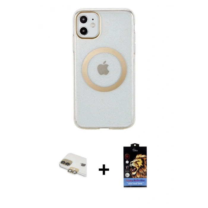 MARSİLYAN™- iPhone 11 Kılıf Pusula Form - Siyah Buffer Hayalet Cam Ekran Koruyucu + Pers Alüminyum Kamera Lens - GD