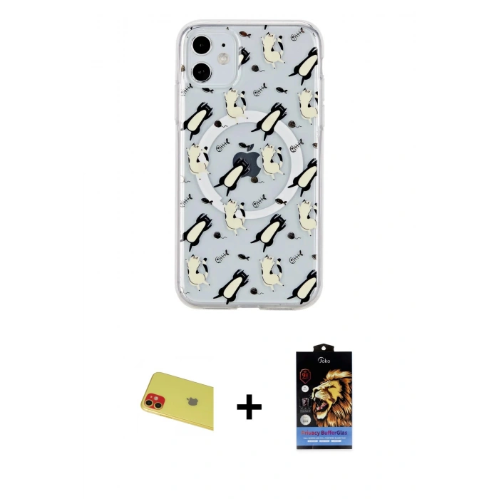 MARSİLYAN™- iPhone 11 Kılıf Pusula Form - Siyah Buffer Hayalet Cam Ekran Koruyucu + Kırmızı Rainbow Kamera Lens Koruma Cam