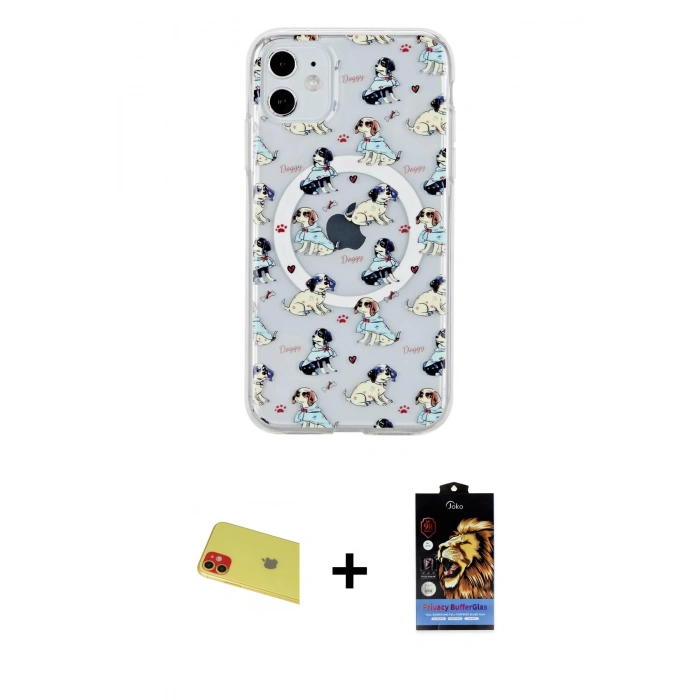 MARSİLYAN™- iPhone 11 Kılıf Pusula Form - Siyah Buffer Hayalet Cam Ekran Koruyucu + Kırmızı Rainbow Kamera Lens Koruma Cam