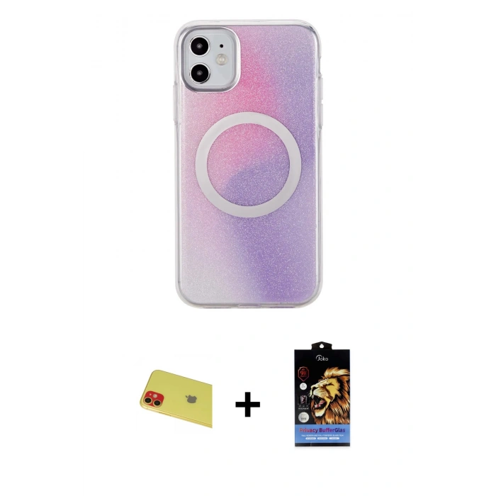 MARSİLYAN™- iPhone 11 Kılıf Pusula Form - Siyah Buffer Hayalet Cam Ekran Koruyucu + Kırmızı Rainbow Kamera Lens Koruma Cam