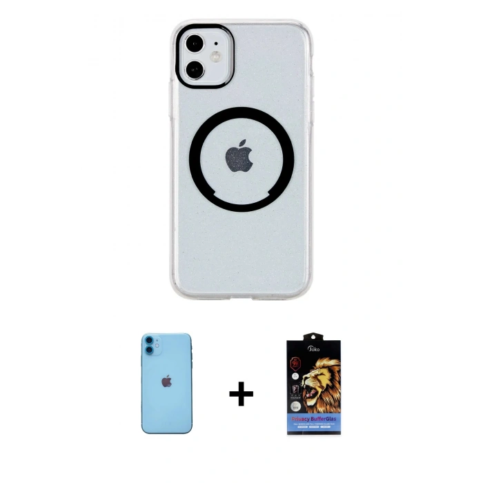 MARSİLYAN™- iPhone 11 Kılıf Pusula Form - Siyah Buffer Hayalet Cam Ekran Koruyucu + Neon Fosforlu Kamera Lens - MI