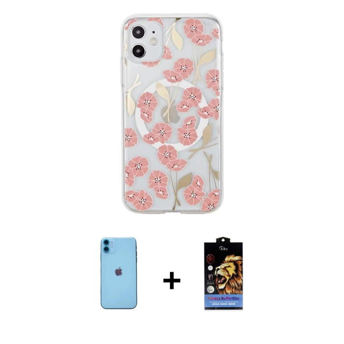 MARSİLYAN™- iPhone 11 Kılıf Pusula Form - Siyah Buffer Hayalet Cam Ekran Koruyucu + Neon Fosforlu Kamera Lens - MI