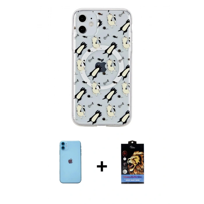 MARSİLYAN™- iPhone 11 Kılıf Pusula Form - Siyah Buffer Hayalet Cam Ekran Koruyucu + Neon Fosforlu Kamera Lens - MI