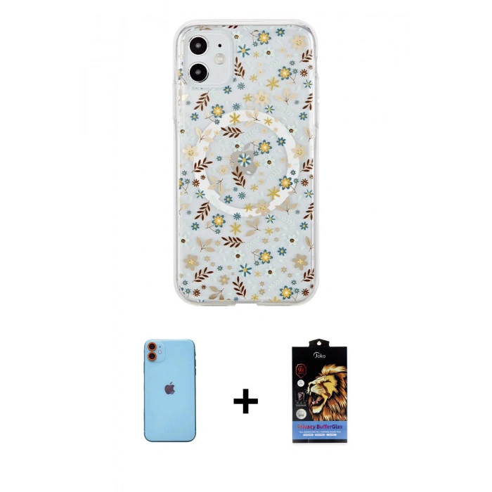 MARSİLYAN™- iPhone 11 Kılıf Pusula Form - Siyah Buffer Hayalet Cam Ekran Koruyucu + Neon Fosforlu Kamera Lens - TU