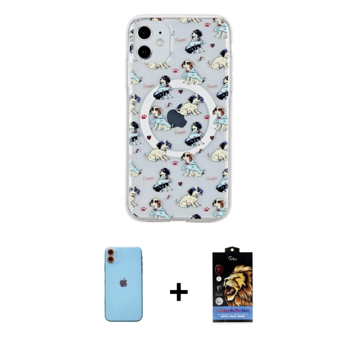 MARSİLYAN™- iPhone 11 Kılıf Pusula Form - Siyah Buffer Hayalet Cam Ekran Koruyucu + Neon Fosforlu Kamera Lens - TU