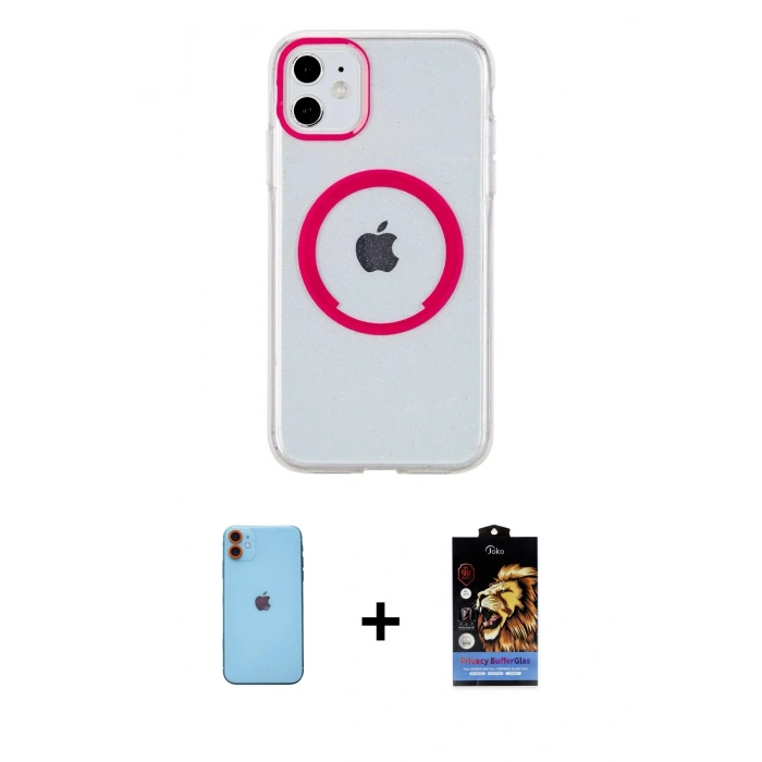 MARSİLYAN™- iPhone 11 Kılıf Pusula Form - Siyah Buffer Hayalet Cam Ekran Koruyucu + Neon Fosforlu Kamera Lens - TU