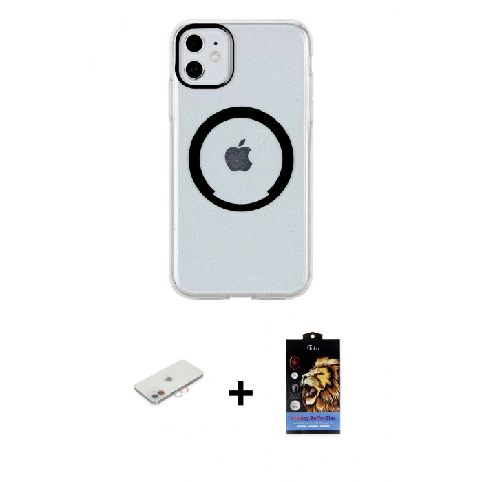MARSİLYAN™- iPhone 11 Kılıf Pusula Form - Siyah Buffer Hayalet Cam Ekran Koruyucu + Renkli Kamera Lens Koruma Cam - PE