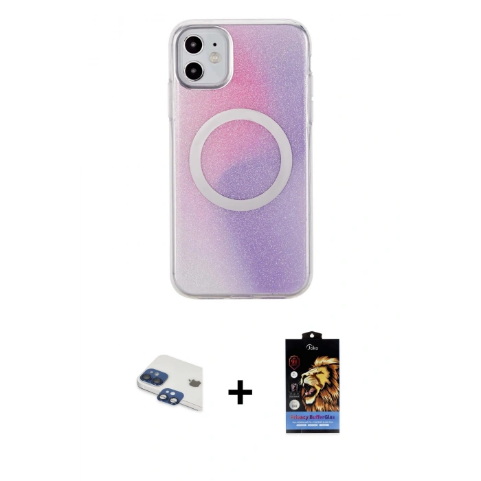MARSİLYAN™- iPhone 11 Kılıf Pusula Form - Siyah Buffer Hayalet Cam Ekran Koruyucu + Pers Alüminyum Kamera Lens - LT