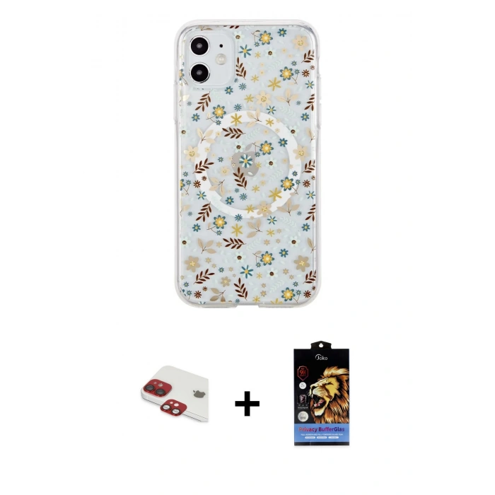 MARSİLYAN™- iPhone 11 Kılıf Pusula Form - Siyah Buffer Hayalet Cam Ekran Koruyucu + Pers Alüminyum Kamera Lens - KI