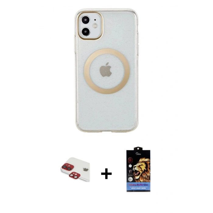 MARSİLYAN™- iPhone 11 Kılıf Pusula Form - Siyah Buffer Hayalet Cam Ekran Koruyucu + Pers Alüminyum Kamera Lens - KI