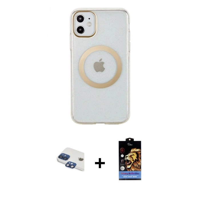 MARSİLYAN™- iPhone 11 Kılıf Pusula Form - Siyah Buffer Hayalet Cam Ekran Koruyucu + Pers Alüminyum Kamera Lens - LT