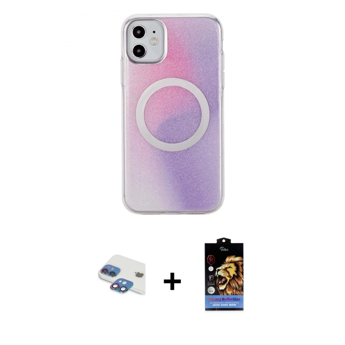 MARSİLYAN™- iPhone 11 Kılıf Pusula Form - Siyah Buffer Hayalet Cam Ekran Koruyucu + Pers Alüminyum Kamera Lens - GI