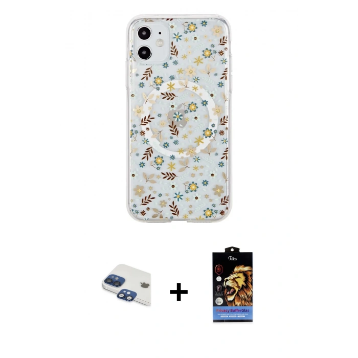 MARSİLYAN™- iPhone 11 Kılıf Pusula Form - Siyah Buffer Hayalet Cam Ekran Koruyucu + Pers Alüminyum Kamera Lens - LT