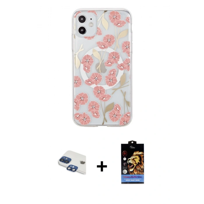 MARSİLYAN™- iPhone 11 Kılıf Pusula Form - Siyah Buffer Hayalet Cam Ekran Koruyucu + Pers Alüminyum Kamera Lens - LT