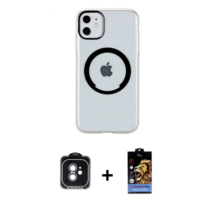 MARSİLYAN™- iPhone 11 Kılıf Pusula Form - Siyah Buffer Hayalet Cam Ekran Koruyucu + PVD Metal Kamera Lens - MI