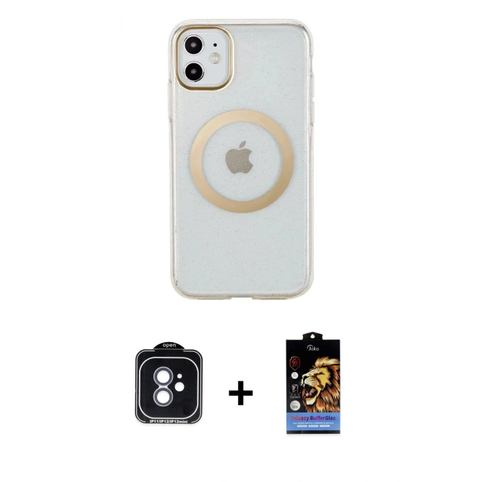 MARSİLYAN™- iPhone 11 Kılıf Pusula Form - Siyah Buffer Hayalet Cam Ekran Koruyucu + PVD Metal Kamera Lens - MI