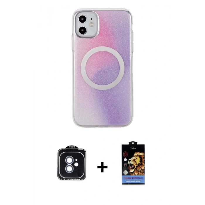 MARSİLYAN™- iPhone 11 Kılıf Pusula Form - Siyah Buffer Hayalet Cam Ekran Koruyucu + PVD Metal Kamera Lens - MI