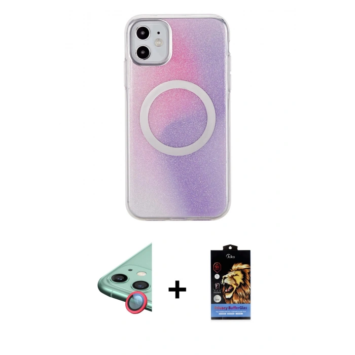 MARSİLYAN™- iPhone 11 Kılıf Pusula Form - Siyah Buffer Hayalet Cam Ekran Koruyucu + Raze Metal Kamera Lens - KI