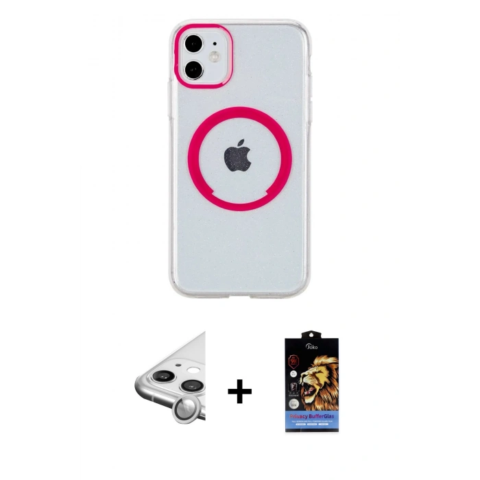 MARSİLYAN™- iPhone 11 Kılıf Pusula Form - Siyah Buffer Hayalet Cam Ekran Koruyucu + Raze Metal Kamera Lens - GS