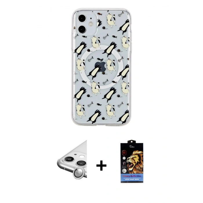 MARSİLYAN™- iPhone 11 Kılıf Pusula Form - Siyah Buffer Hayalet Cam Ekran Koruyucu + Raze Metal Kamera Lens - GS