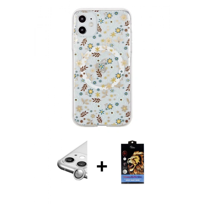 MARSİLYAN™- iPhone 11 Kılıf Pusula Form - Siyah Buffer Hayalet Cam Ekran Koruyucu + Raze Metal Kamera Lens - GS