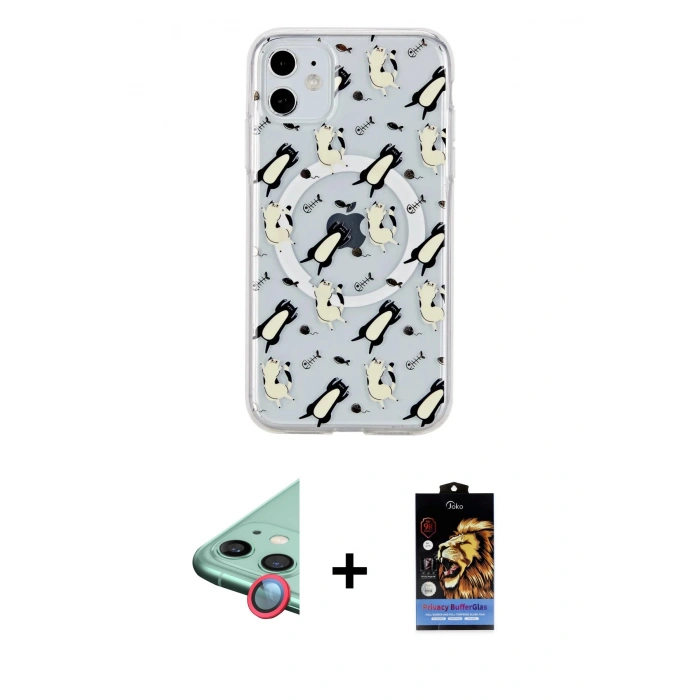 MARSİLYAN™- iPhone 11 Kılıf Pusula Form - Siyah Buffer Hayalet Cam Ekran Koruyucu + Raze Metal Kamera Lens - KI