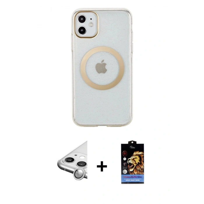 MARSİLYAN™- iPhone 11 Kılıf Pusula Form - Siyah Buffer Hayalet Cam Ekran Koruyucu + Raze Metal Kamera Lens - GS