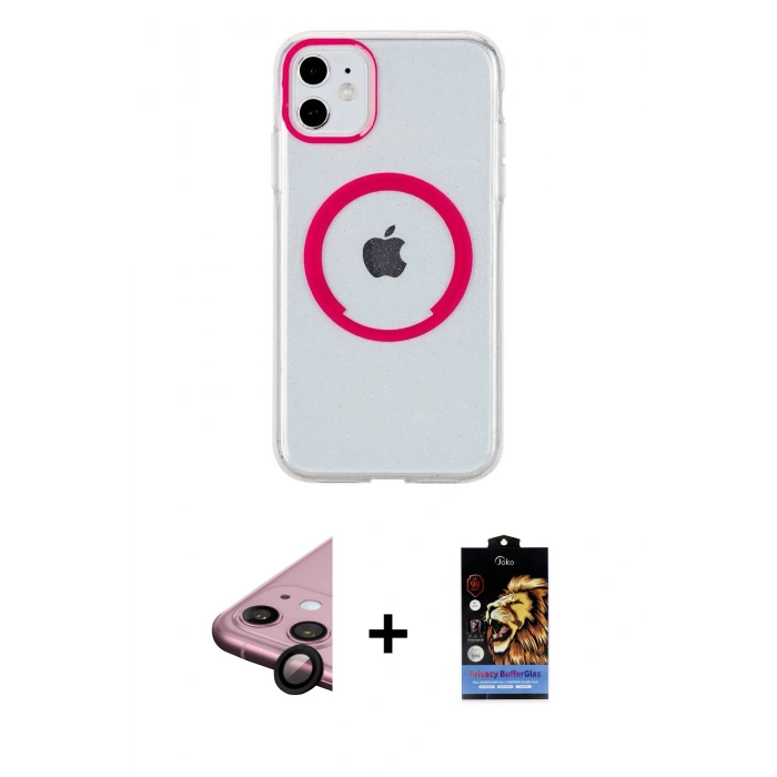 MARSİLYAN™- iPhone 11 Kılıf Pusula Form - Siyah Buffer Hayalet Cam Ekran Koruyucu + Raze Metal Kamera Lens - SH
